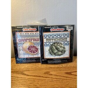 (2) Monarch Horizons Take Alongs CrossStitch Kit Grapefruit Artichoke VTG 90 SET